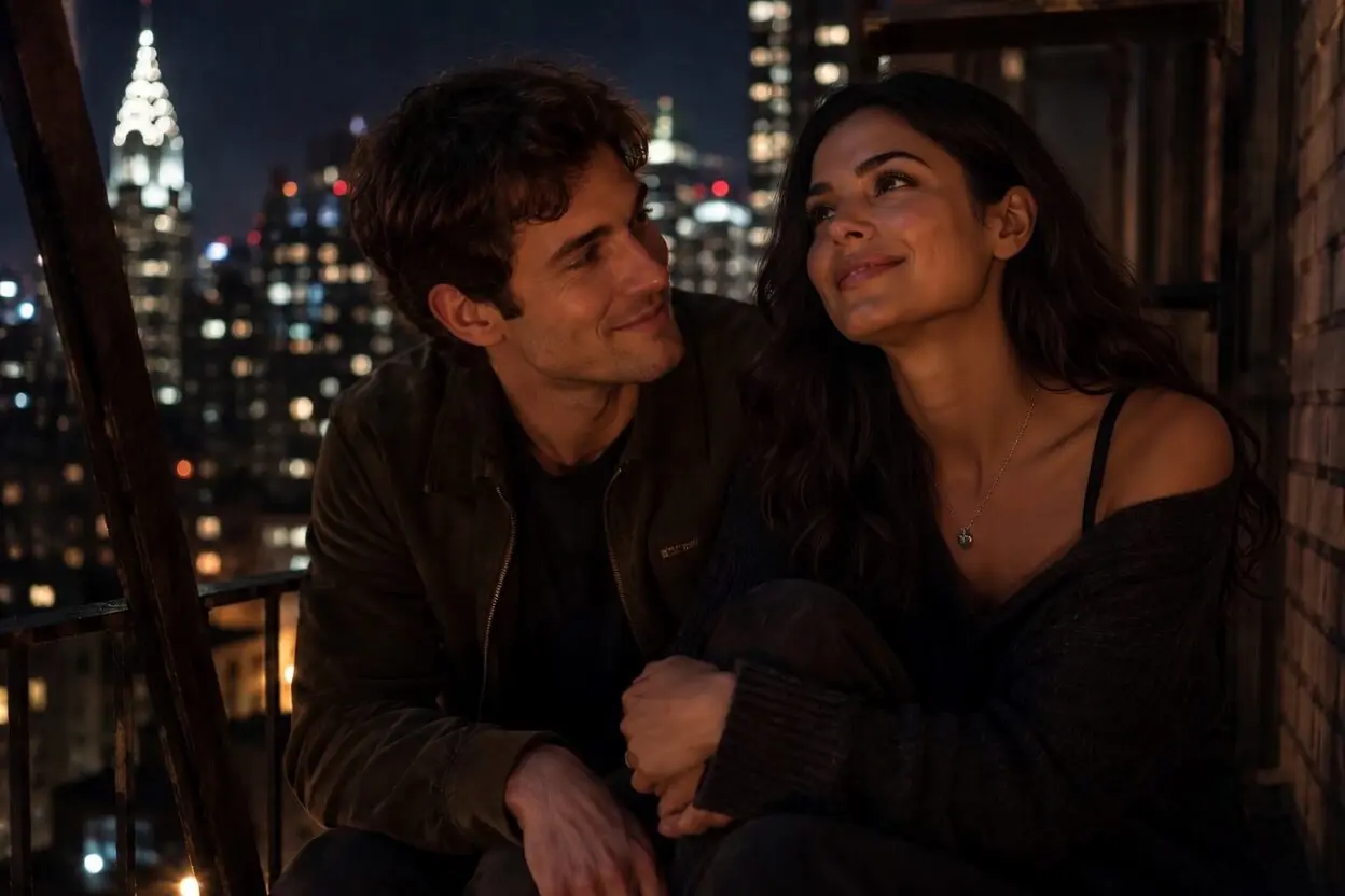 Jeune couple assis sur un escalier de secours à New York la nuit, écoutant de la musique ensemble. Ambiance romantique et tendre de la BO de One Night Only (2026), comédie romantique de Will Gluck avec Monica Barbaro et Callum Turner.