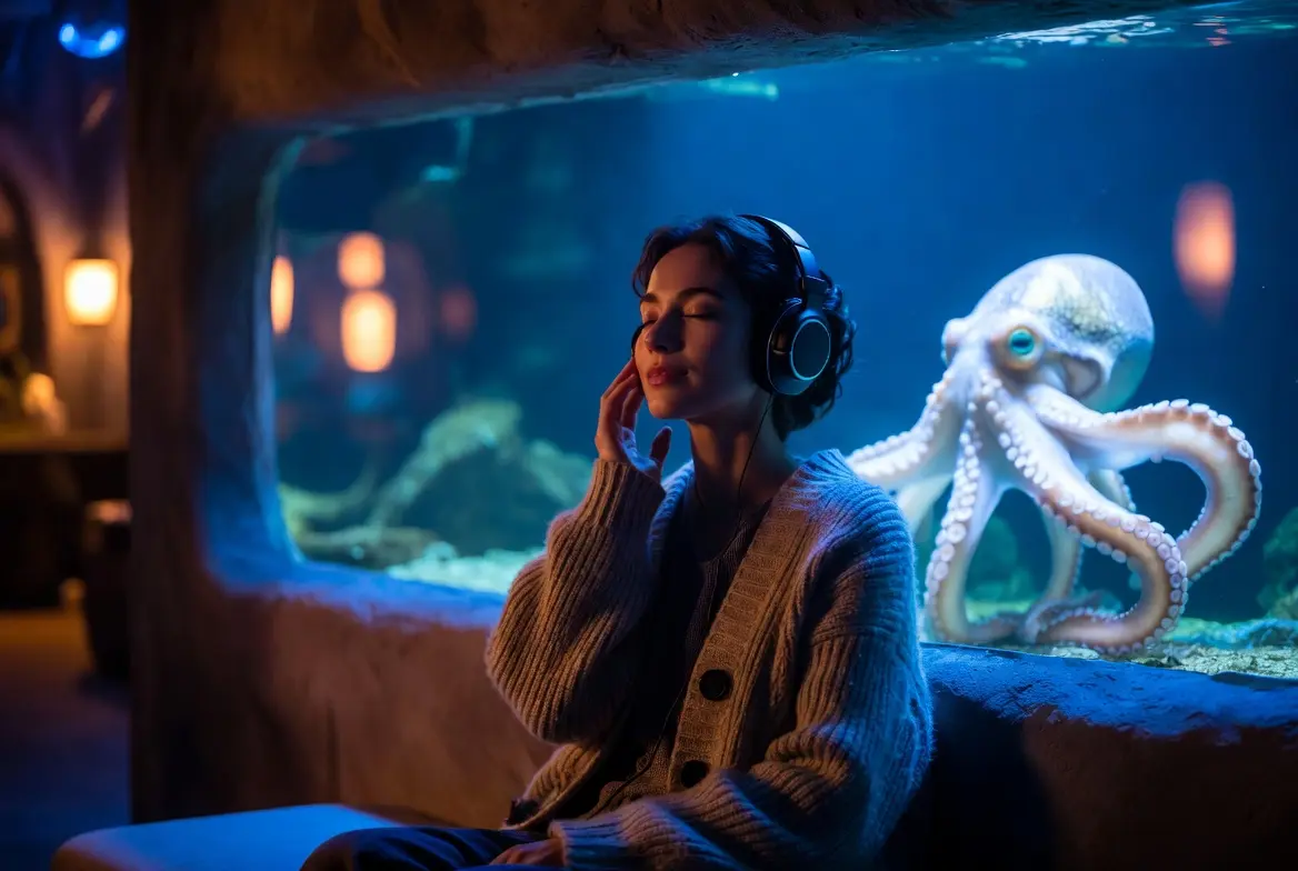 Femme assise sur un banc dans un aquarium calme au moment de la fermeture, portant un casque audio et souriant doucement devant le bassin de la pieuvre. Ambiance chaleureuse et émouvante de la BO de Remarkably Bright Creatures (De si remarquables créatures) (2026) avec Sally Field et Lewis Pullman.