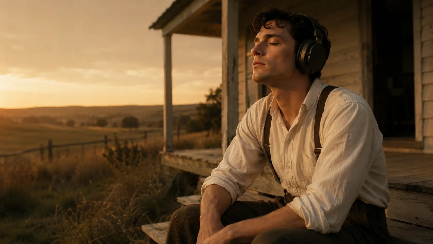 Jeune homme en tenue des années 1920 portant un casque audio moderne, assis sur les marches d’une maison rurale américaine au golden hour, expression profondément émotive. Ambiance nostalgique et intimiste de la BO de The History of Sound (Le Son des souvenirs) (2025) avec Paul Mescal et Josh O’Connor.