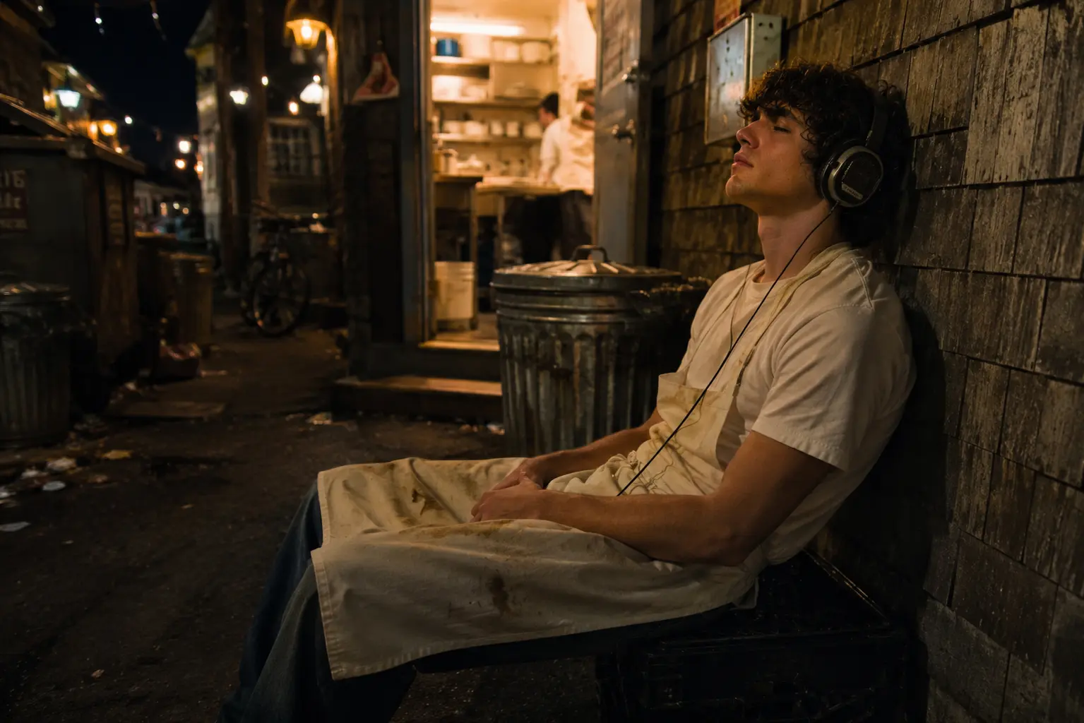 Jeune chef adolescent portant un casque audio, assis sur une caisse dans l’allée derrière un restaurant à Provincetown la nuit. Ambiance authentique des années 1970 de la BO de Tony (2026), biopic sur la jeunesse d’Anthony Bourdain avec Dominic Sessa.