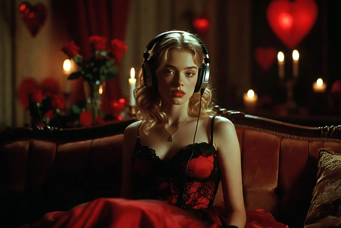 Jeune femme en robe élégante écoutant de la musique avec un casque audio sur un canapé luxueux lors de la Saint-Valentin. Ambiance romantique et inquiétante de la BO de Valentine (Mortelle St-Valentin) (2001), slasher culte avec Denise Richards, Katherine Heigl et Marley Shelton.