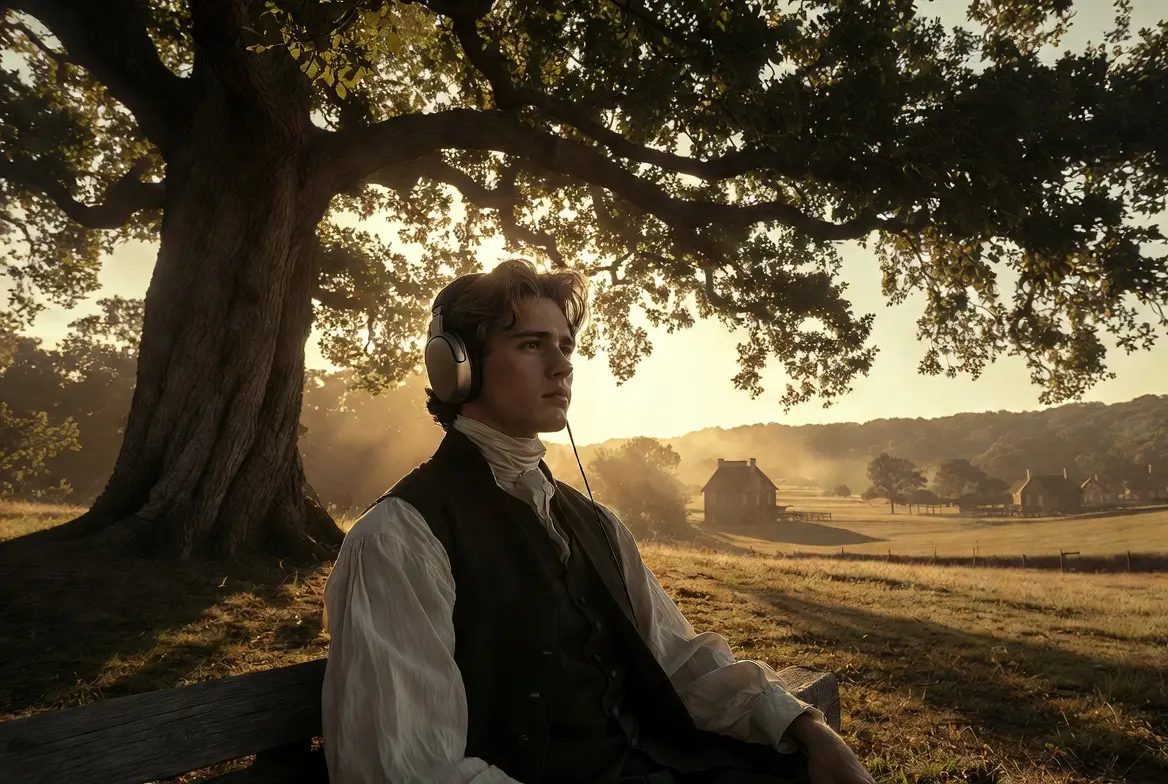 Jeune homme en tenue coloniale du XVIIIe siècle écoutant de la musique avec un casque audio, assis sous un grand chêne en Virginie au coucher du soleil. Ambiance introspective et historique de la BO de Young Washington (2026), biopic sur la jeunesse de George Washington.