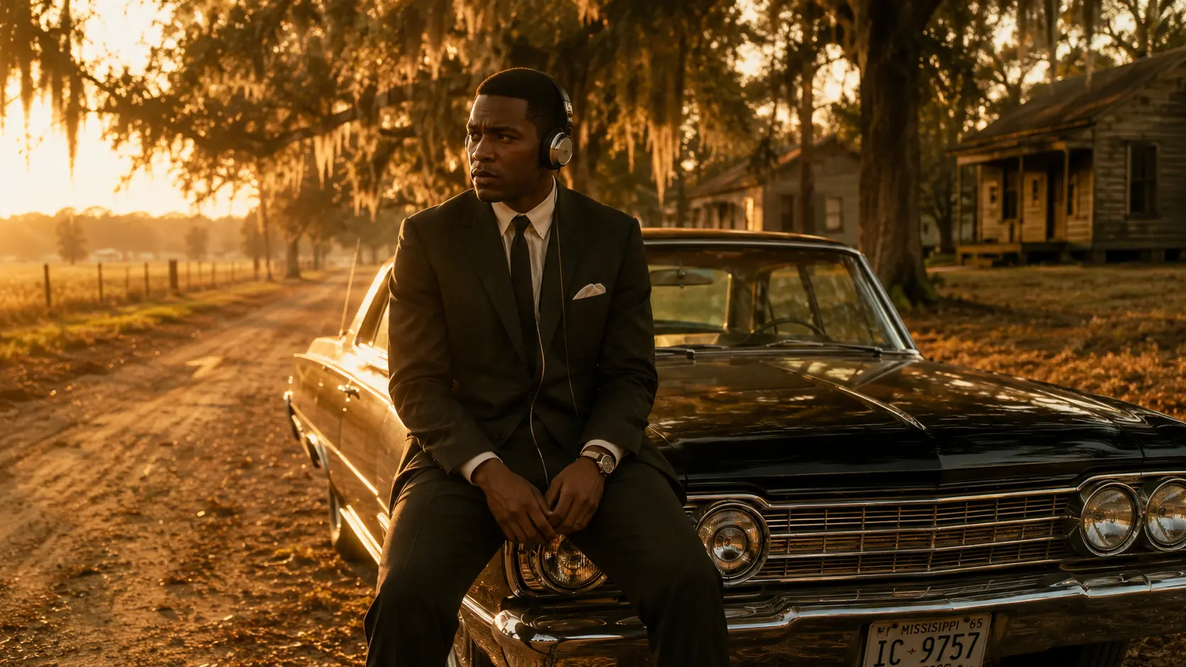 Jeune homme en costume des années 1960 avec casque audio écoutant la bande originale de By Any Means (2026) assis sur le capot d’une voiture sur une route rurale du Mississippi au golden hour. Ambiance ère des droits civiques.