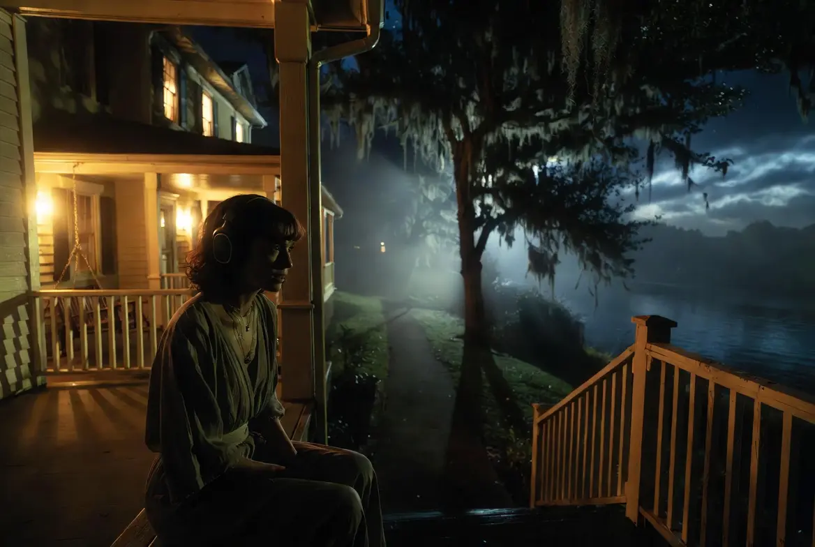 Femme écoutant la bande originale de Cape Fear – Les Nerfs à vif Saison 1 (Apple TV 2026) avec un casque sur le porche d'une maison la nuit. Ambiance thriller psychologique tendue avec Amy Adams, Patrick Wilson et Javier Bardem.
