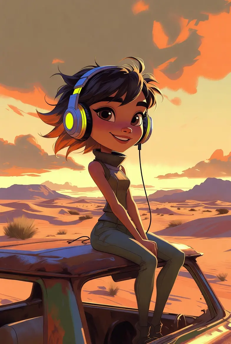 Jeune femme animée avec casque audio écoutant la bande originale de Coyote vs. Acme (2026) assise sur le toit d'une voiture dans le désert au coucher de soleil.