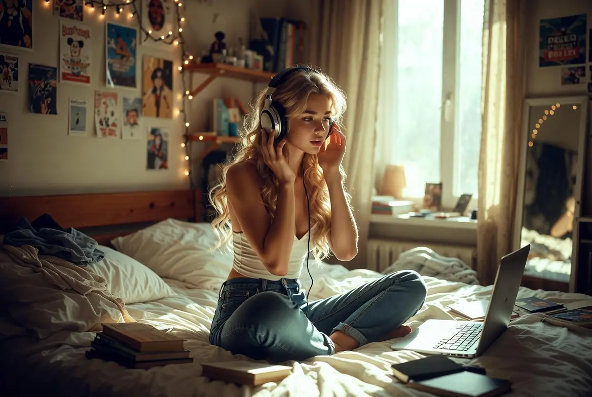 Jeune femme blonde avec casque audio écoutant la bande originale de Elle Saison 1 (2026) assise sur son lit dans sa chambre d’étudiante. Scène cozy et mélancolique de la série Amazon Prime Video.