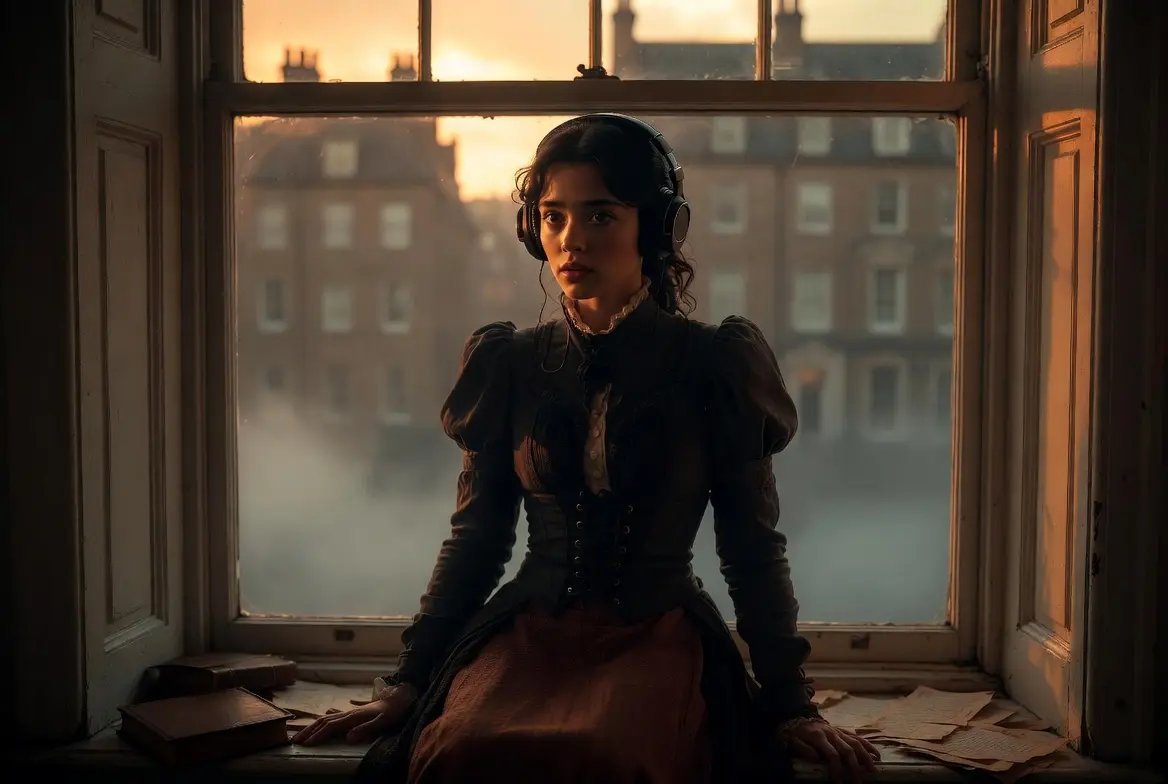 Jeune femme en tenue victorienne avec casque audio écoutant la bande originale de Enola Holmes 3 (Netflix 2026) assise sur le rebord d’une fenêtre à Londres au golden hour.