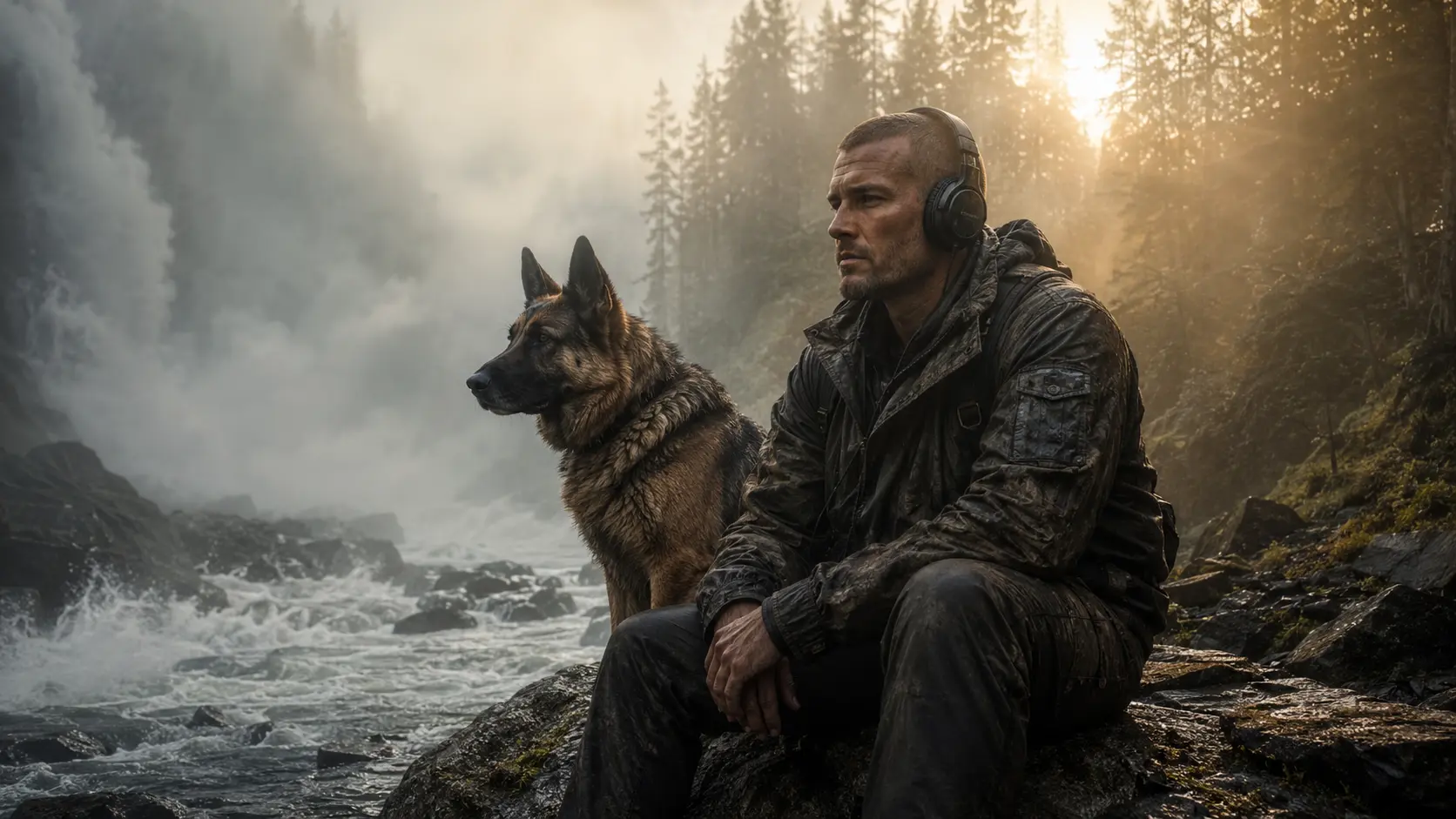 Homme avec casque audio écoutant la bande originale de Heart of the Beast (2026) assis près d'une rivière avec son chien berger allemand en pleine nature sauvage d'Alaska.