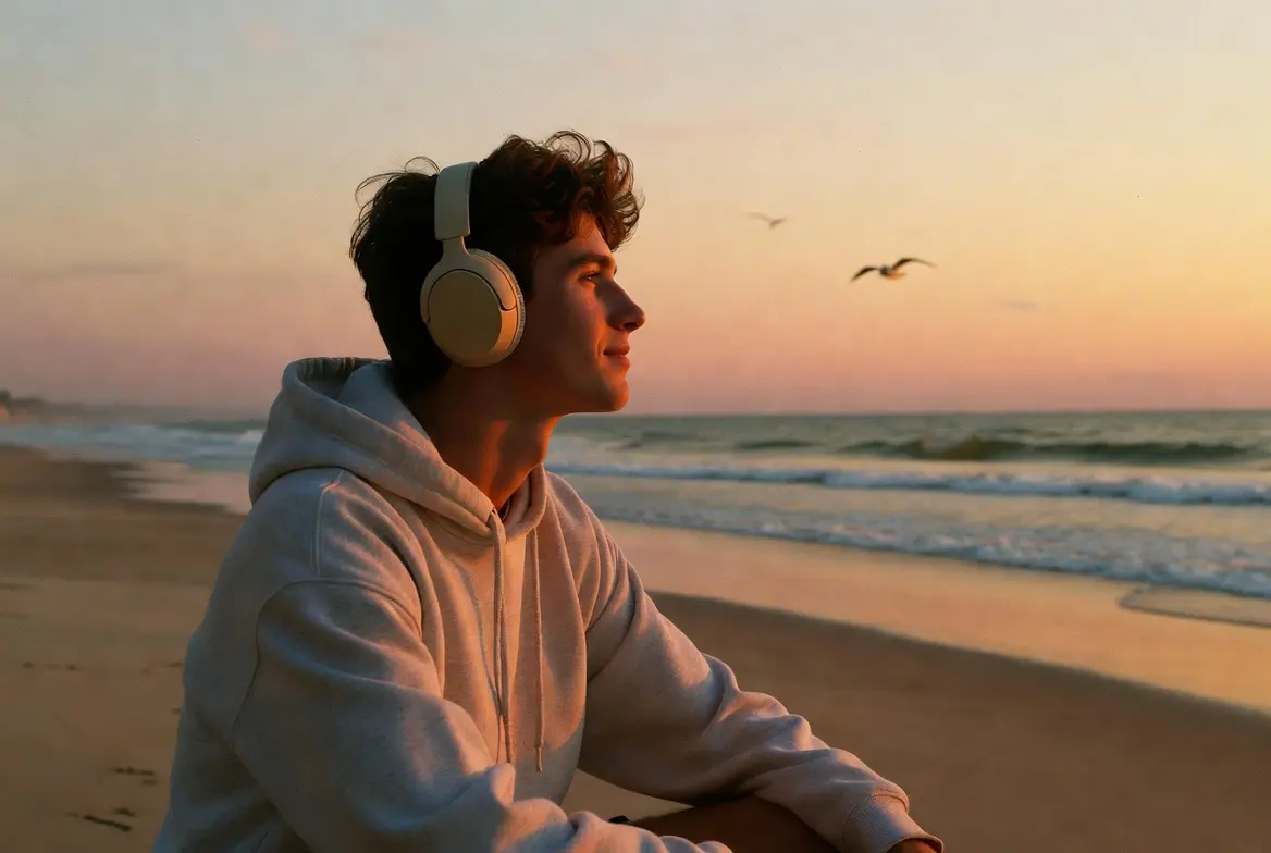 Jeune homme avec casque audio écoutant la bande originale de Heartstopper Forever (Netflix 2026) assis sur une plage au coucher du soleil.