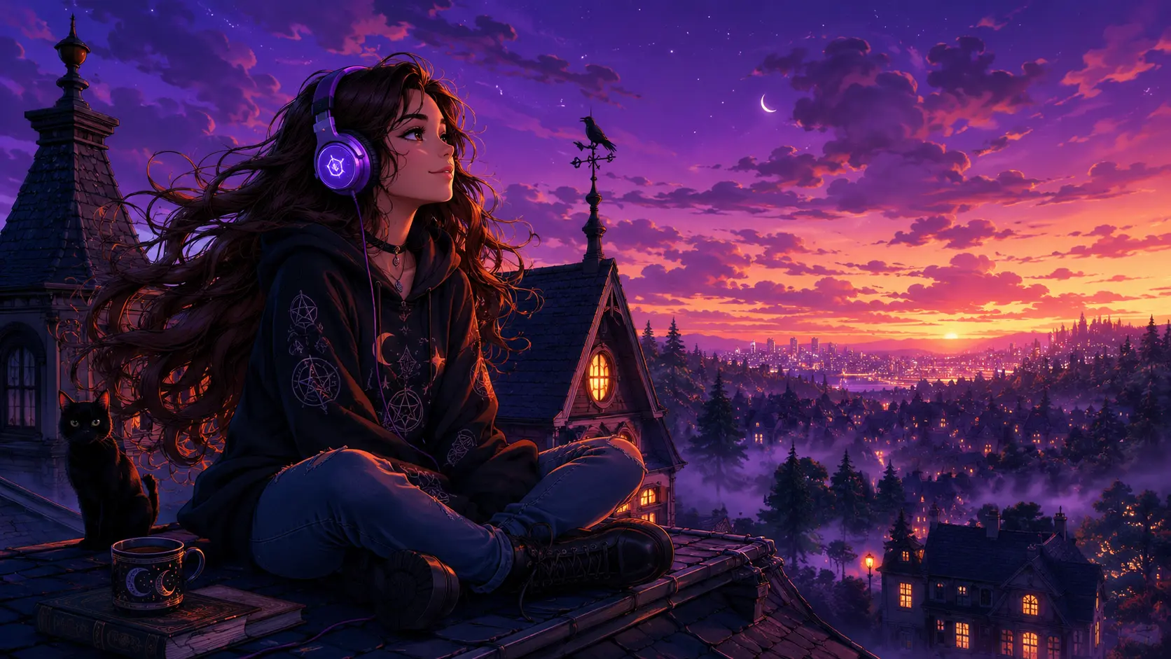 Jeune sorcière animée avec casque audio écoutant la bande originale de Hexed (Billie, à la croisée des mondes) (2026) assise sur le toit d’une maison victorienne au crépuscule. Ambiance magique et dreamy du film avec Hailee Steinfeld.