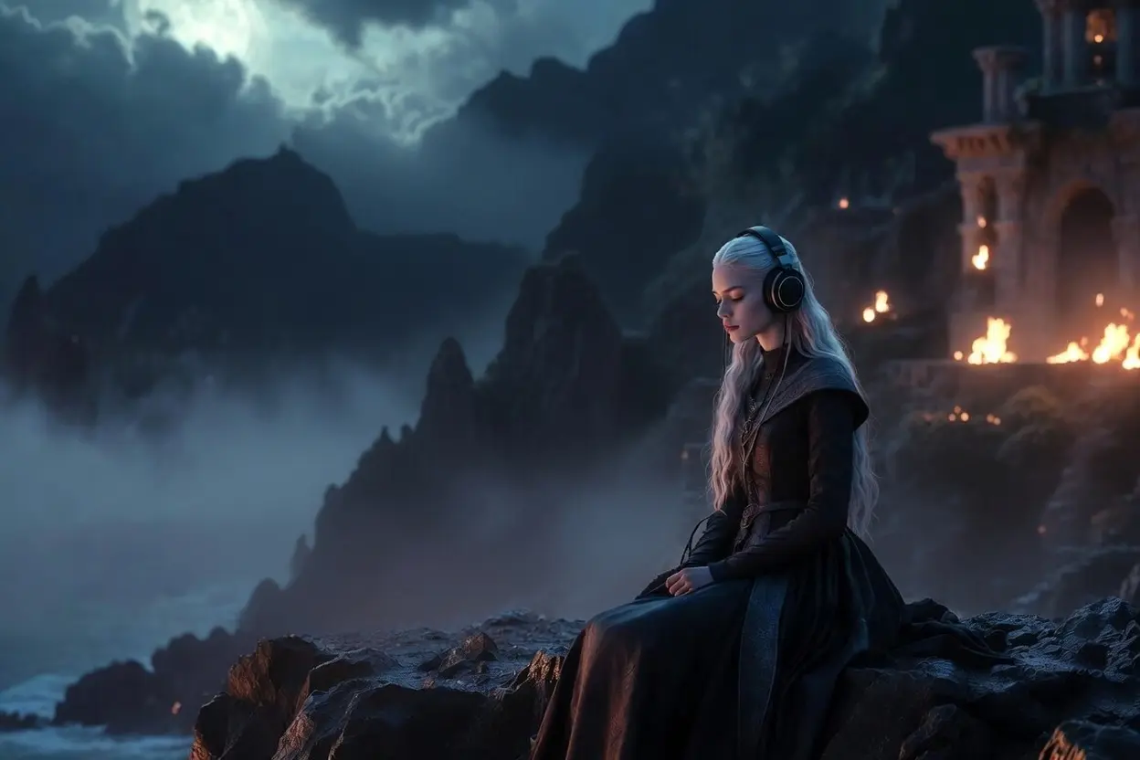 Jeune femme aux cheveux argentés en tenue Targaryen avec casque audio écoutant la bande originale de House of the Dragon Saison 3 (HBO 2026) assise sur une falaise la nuit. Ambiance épique et sombre de la série avec Emma D’Arcy et Matt Smith.