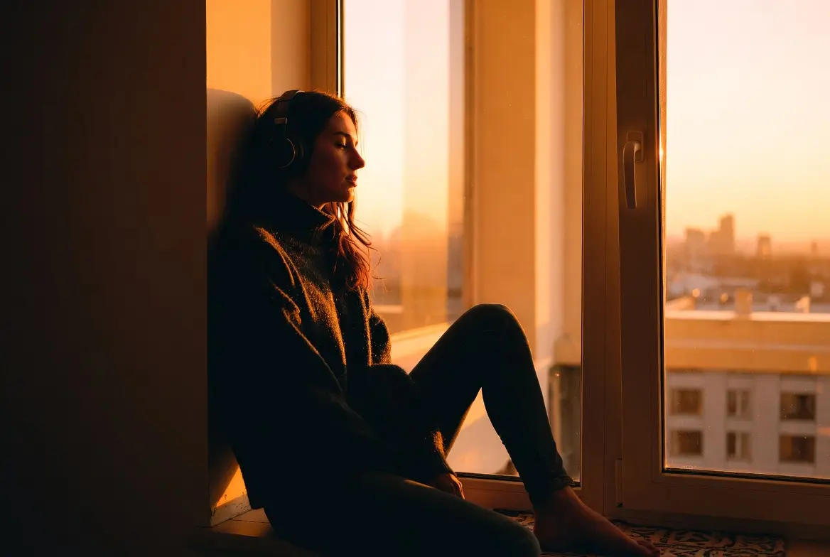 Femme dans la trentaine avec casque audio écoutant la bande originale de If I Had Legs I’d Kick You (2025) assise sur le rebord d’une fenêtre au golden hour. Ambiance contemplative et intimiste du film avec Rose Byrne.