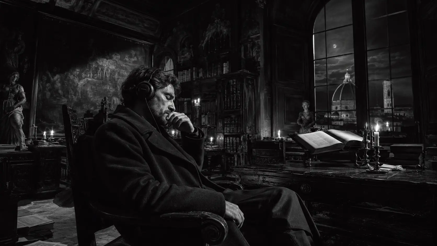 Homme pensif avec casque audio écoutant la bande originale de In the Hand of Dante (Netflix 2026) assis dans une ancienne bibliothèque Renaissance en ruine à Florence la nuit.