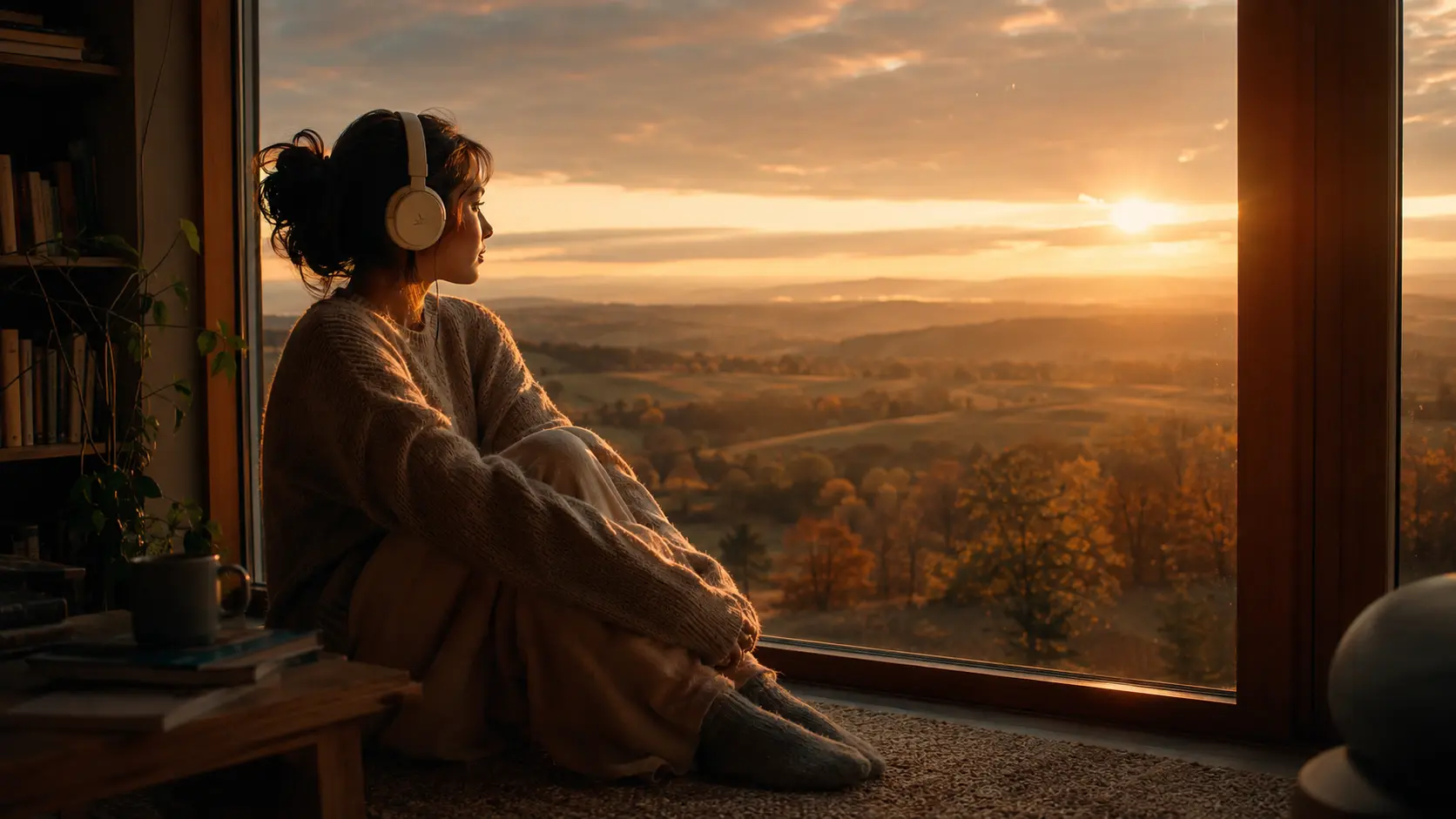 Jeune femme avec casque audio écoutant la bande originale de Klara and the Sun (Klara et le Soleil) (2026) assise devant une grande baie vitrée au coucher de soleil.