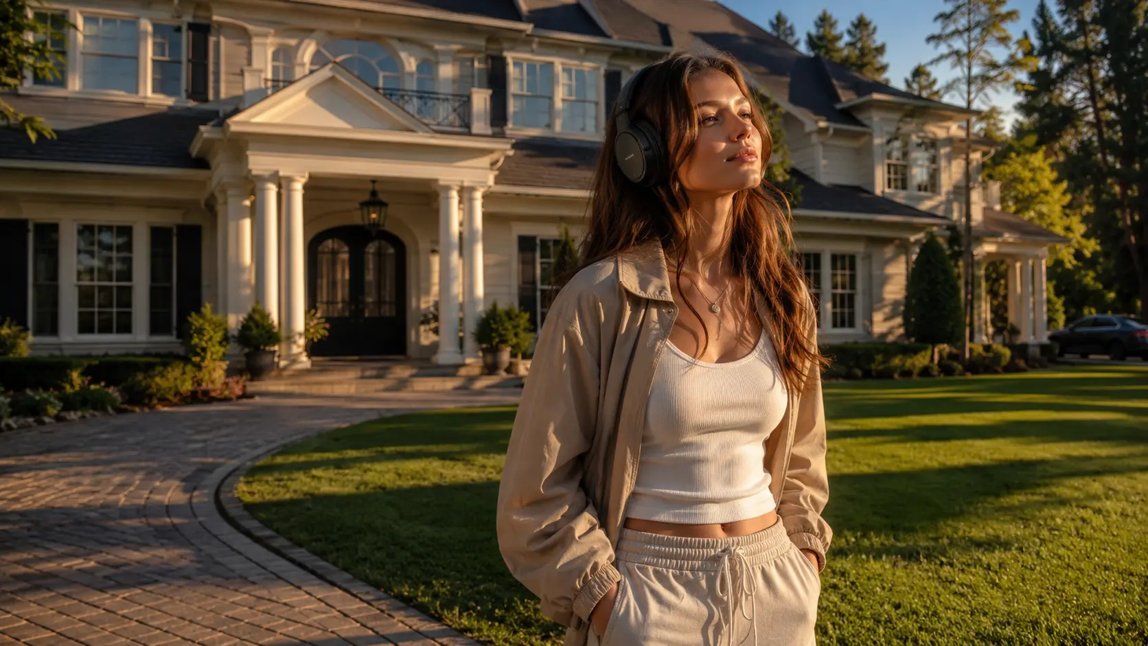 Femme stylée avec casque audio écoutant la bande originale de Little Brother (Netflix 2026) devant l’entrée d’une luxueuse maison suburbaine américaine au golden hour. Ambiance du film avec John Cena et Eric André.
