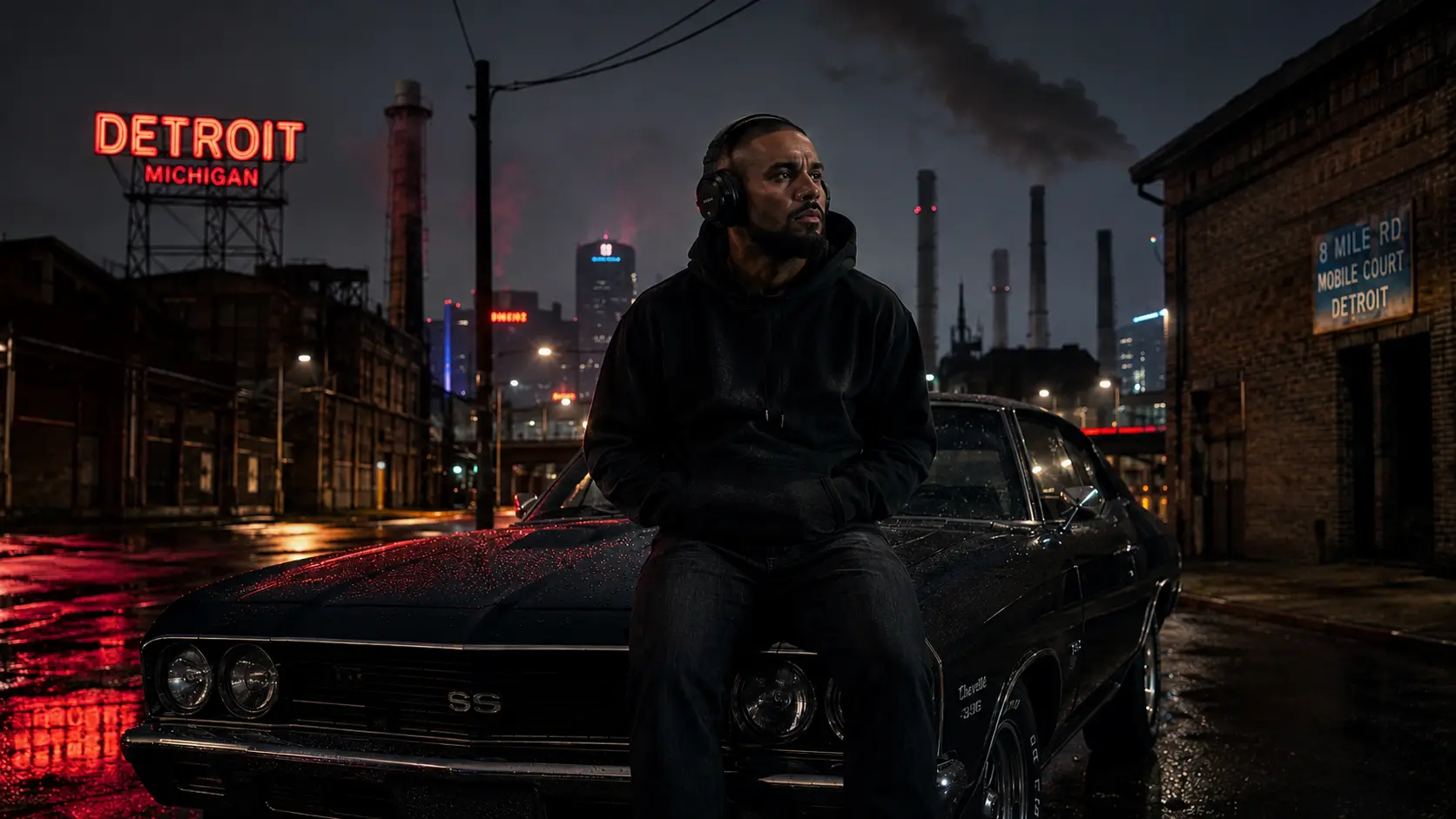 Homme avec casque audio écoutant la bande originale de Motor City (2026) assis sur le capot d’une voiture muscle dans un quartier industriel de Detroit la nuit.