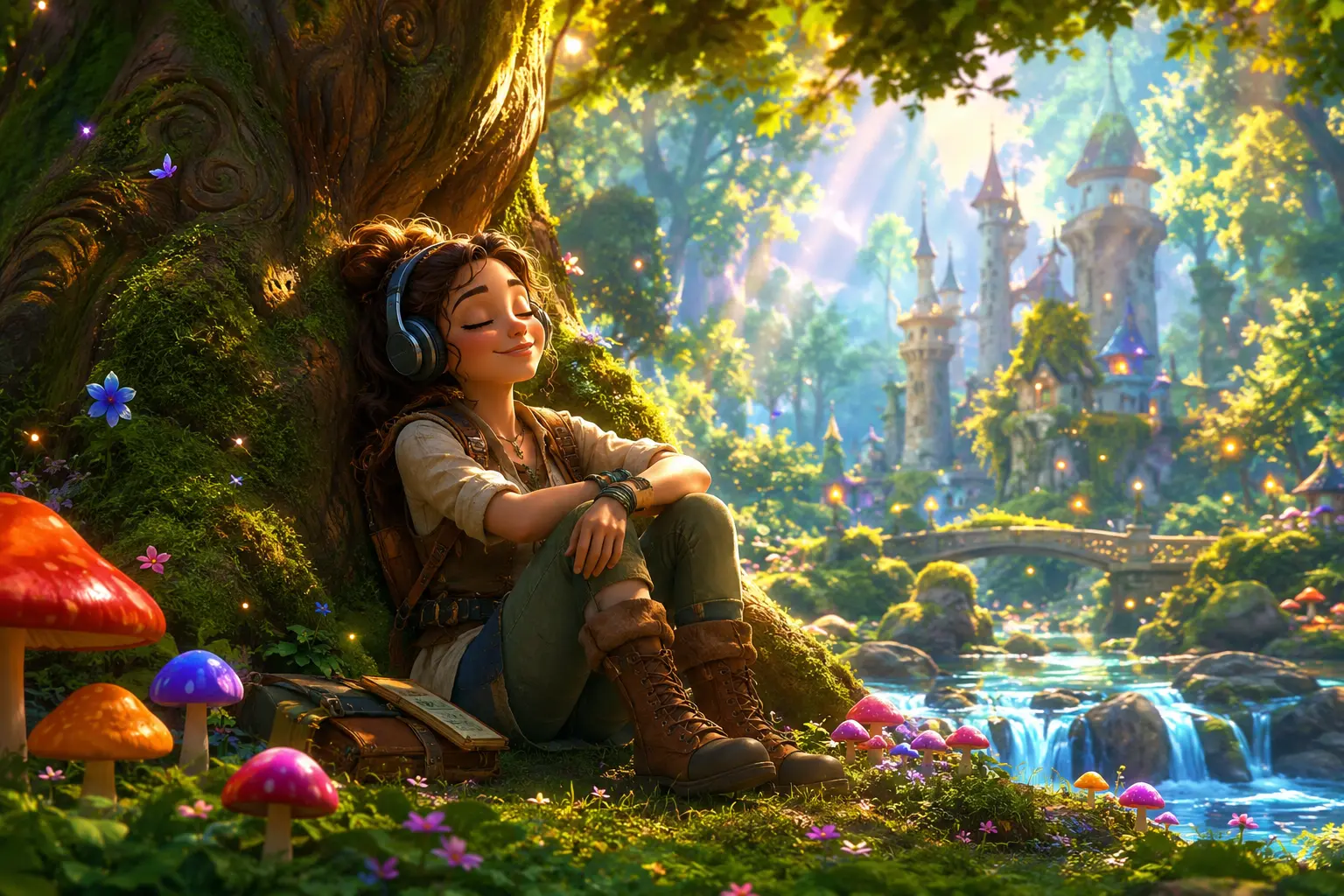 Jeune aventurier avec casque audio écoutant la bande originale de Shrek 5 (2027) assis contre un arbre géant dans une forêt enchantée magique.