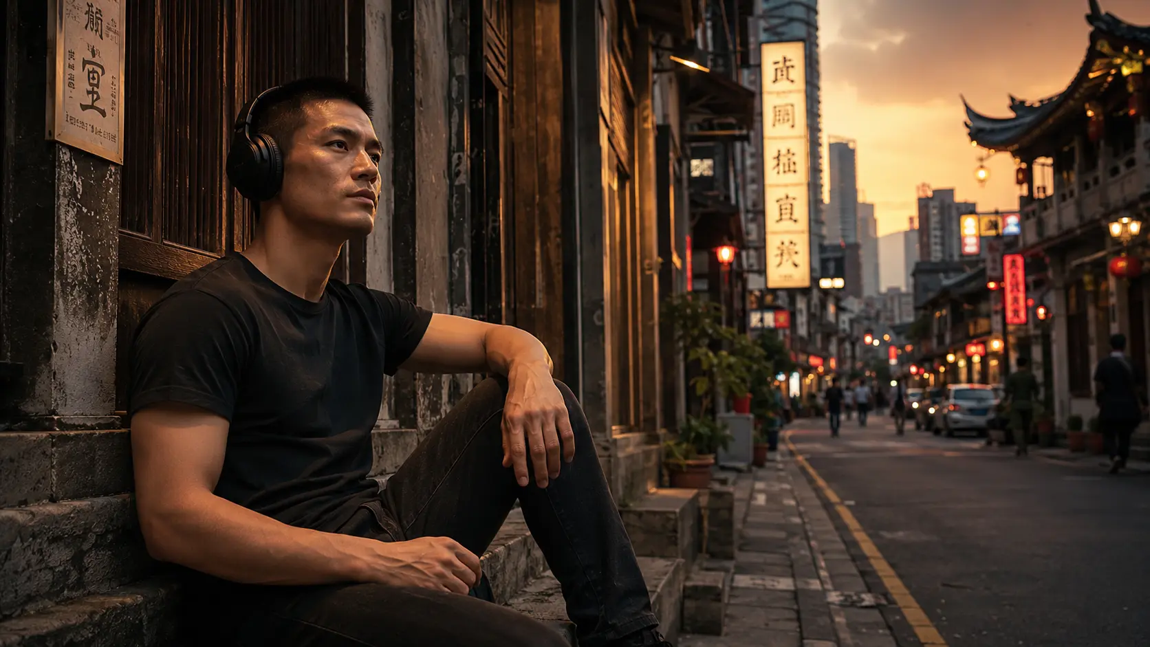Jeune homme avec casque audio écoutant la bande originale de The Furious (2026) assis sur les marches d’un bâtiment dans une ville asiatique au coucher du soleil. Ambiance film d’action martial arts.