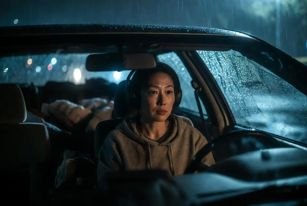 Femme résiliente écoutant la bande originale de Tow (2026) avec un casque dans une Toyota Camry sous la pluie à Seattle la nuit.