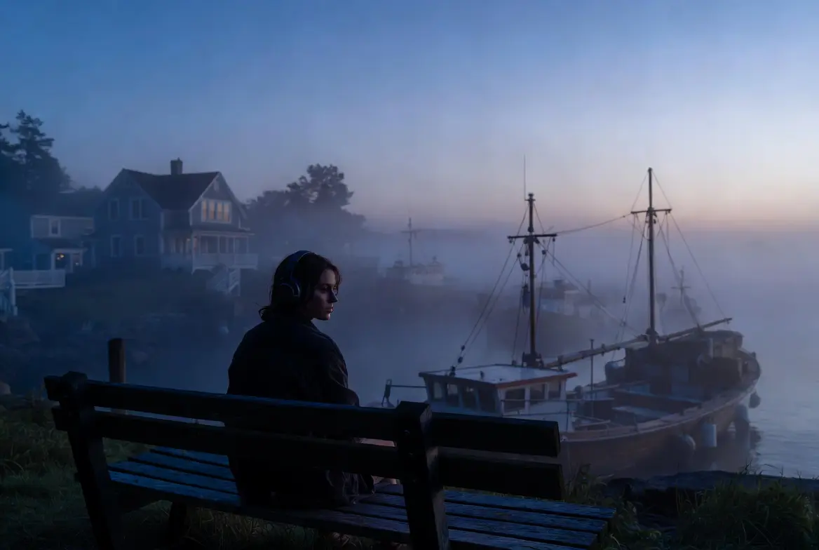 Jeune femme avec casque audio écoutant la bande originale de Widow’s Bay Saison 1 (Apple TV 2026) assise sur un banc face au port brumeux au crépuscule. Ambiance mystérieuse et surnaturelle de la série.