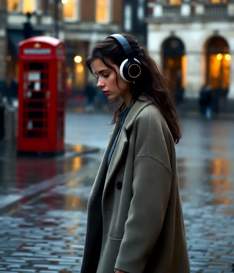 Jeune femme stylée avec casque audio marchant dans une rue emblématique de Londres au crépuscule, écoutant la bande originale de Your Fault: London (À Contre-Sens 2 : Londres) 2026. Ambiance romantique et émotionnelle.