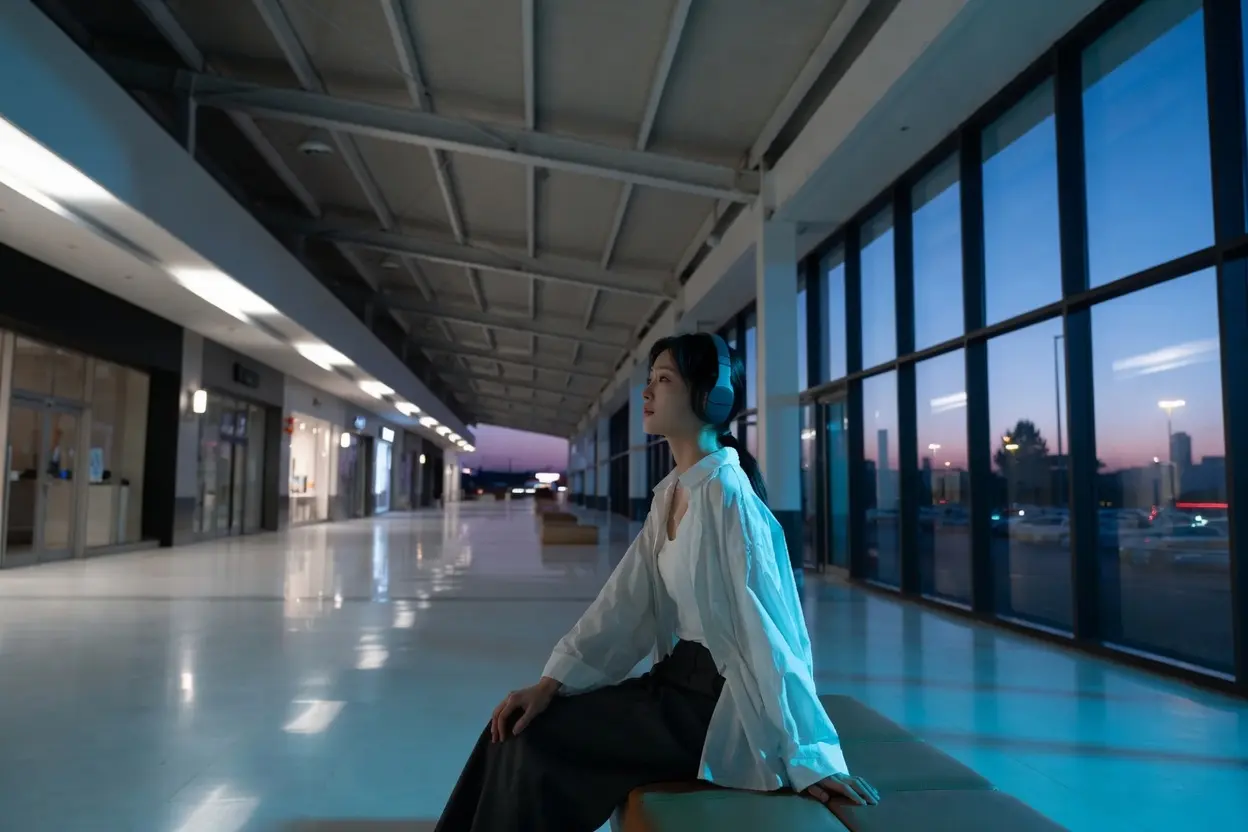 Jeune femme coréenne avec casque audio écoutant la bande originale de Colony (2026) assise sur un banc dans un grand centre commercial vide.
