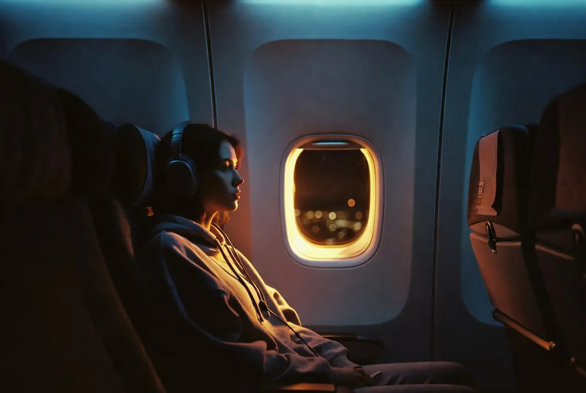 Femme avec casque audio écoutant la bande originale de Deep Water (2026) dans un avion la nuit.