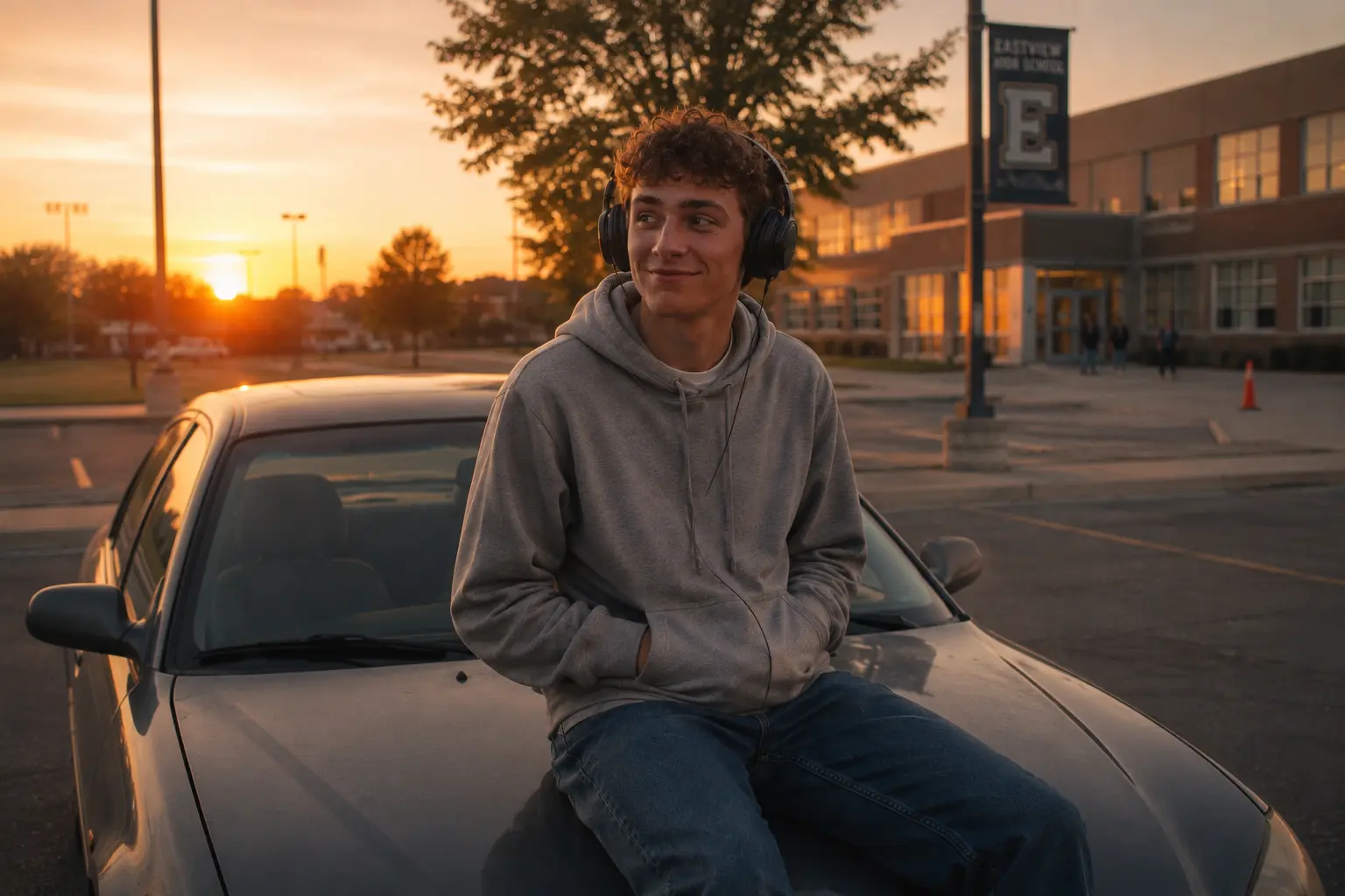 Jeune homme avec casque audio écoutant la bande originale de Driver’s Ed (Permis de conduire) (2026) assis sur le capot d’une voiture dans un parking au coucher du soleil.
