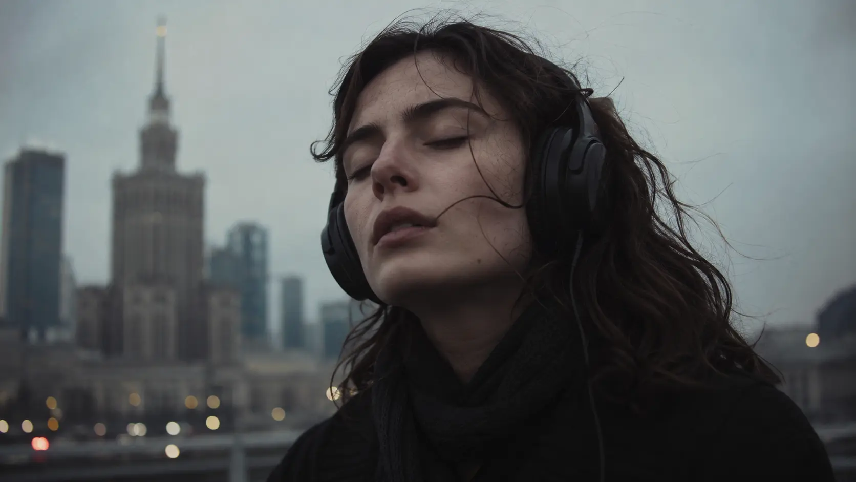Jeune femme artistique avec casque audio écoutant la bande originale de Erupcja (Eruption) (2026) à Varsovie.