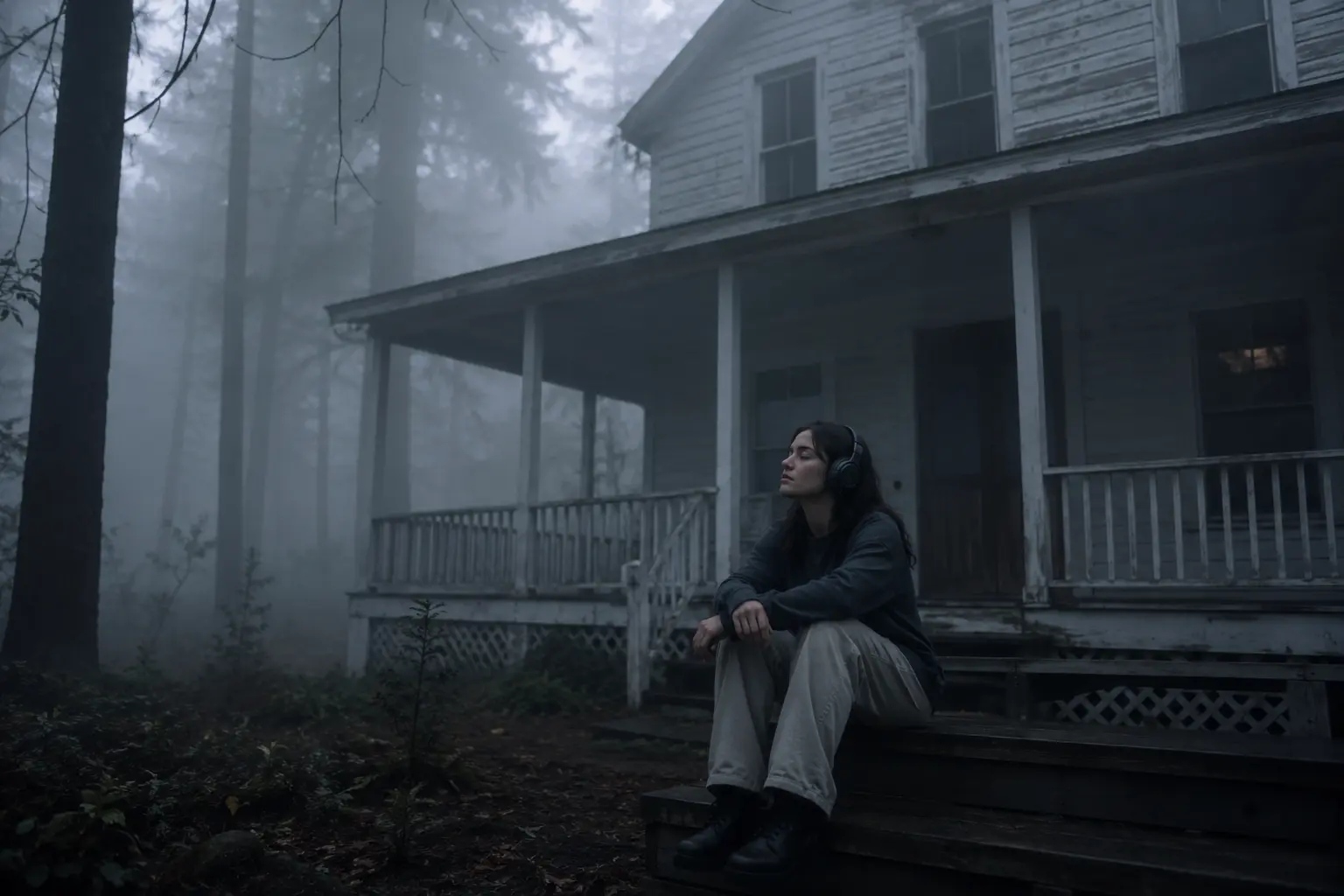 Jeune femme avec casque audio écoutant la bande originale de Evil Dead Burn (2026) assise sur les marches d’une cabane en bois dans une forêt dense et brumeuse.