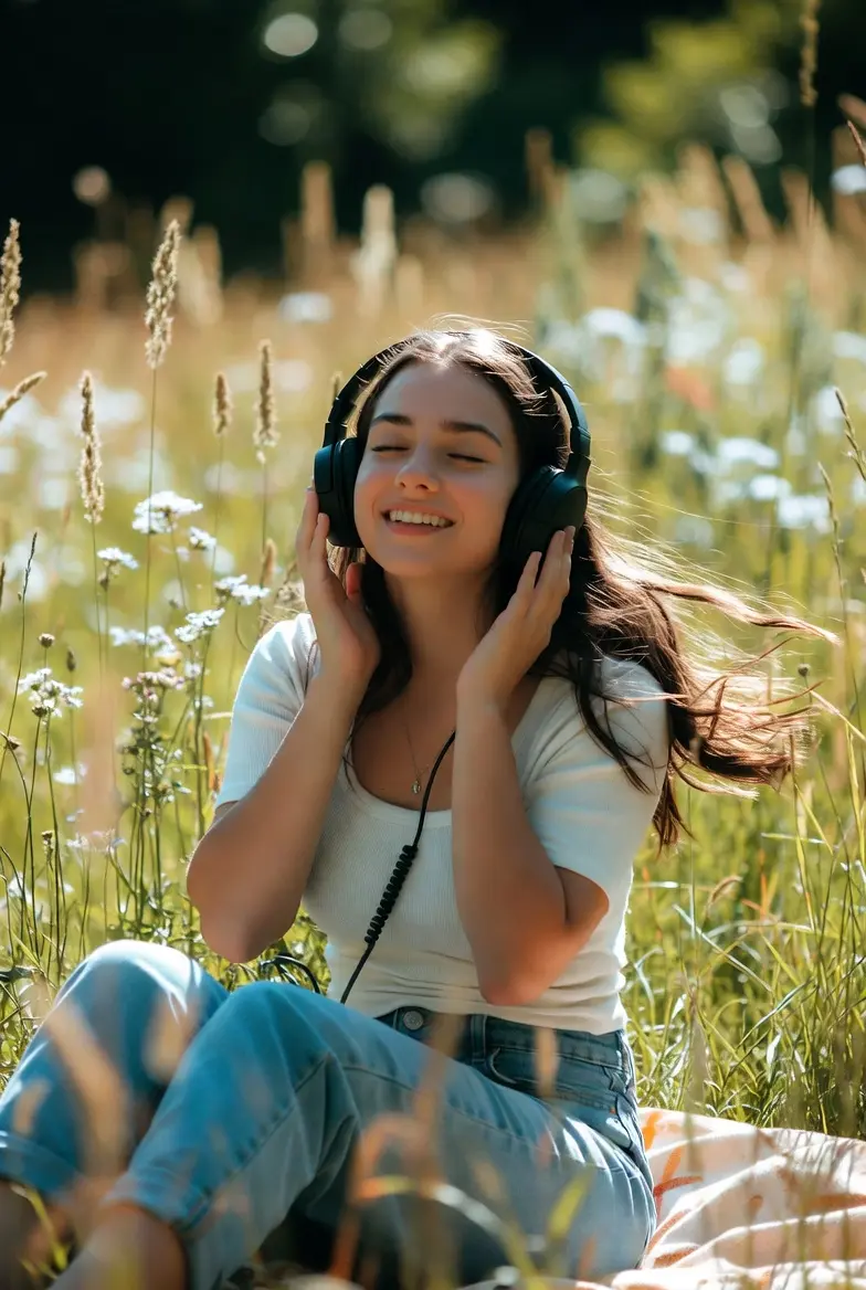 Jeune femme avec casque audio écoutant la bande originale de Girls Like Girls (2026) assise sur une couverture dans une prairie ensoleillée.