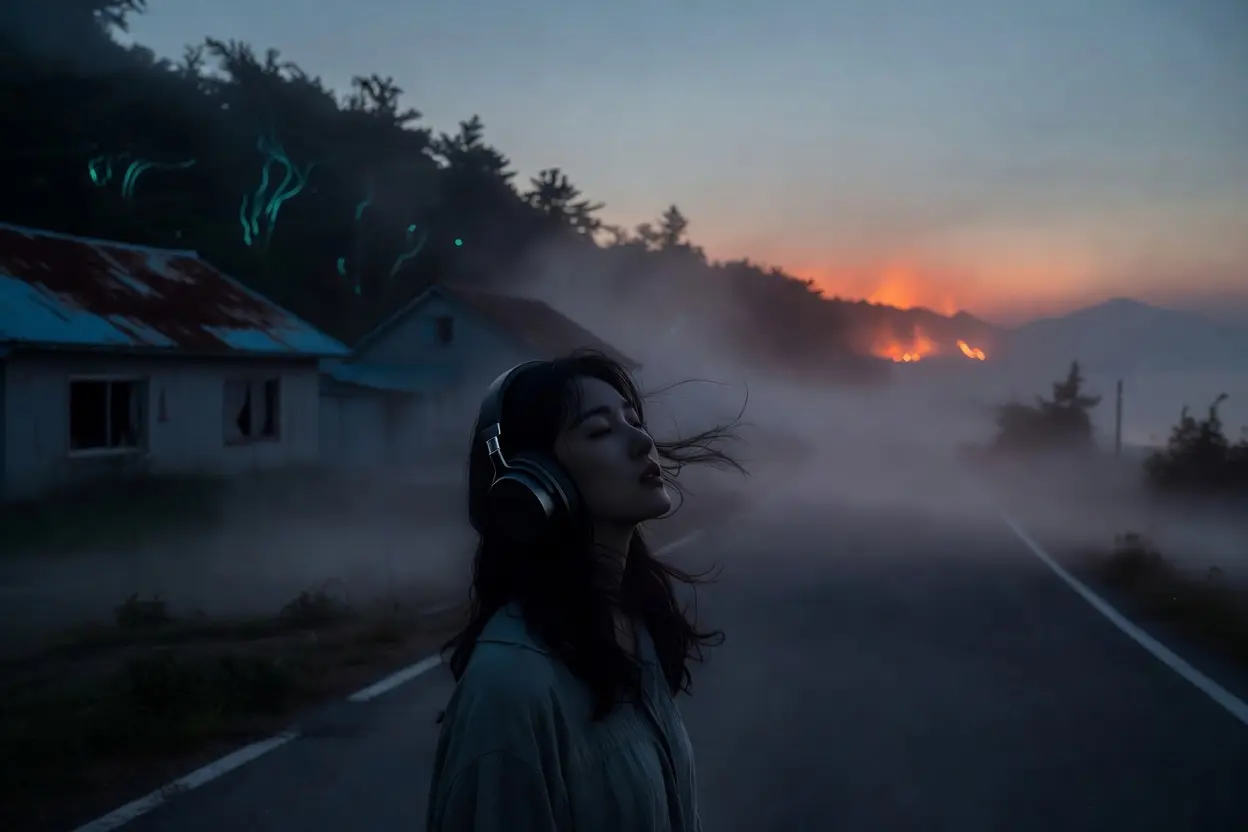 Jeune femme coréenne avec casque audio écoutant la bande originale de Hope (2026) debout sur une route brumeuse dans un village côtier en Corée du Sud au crépuscule.