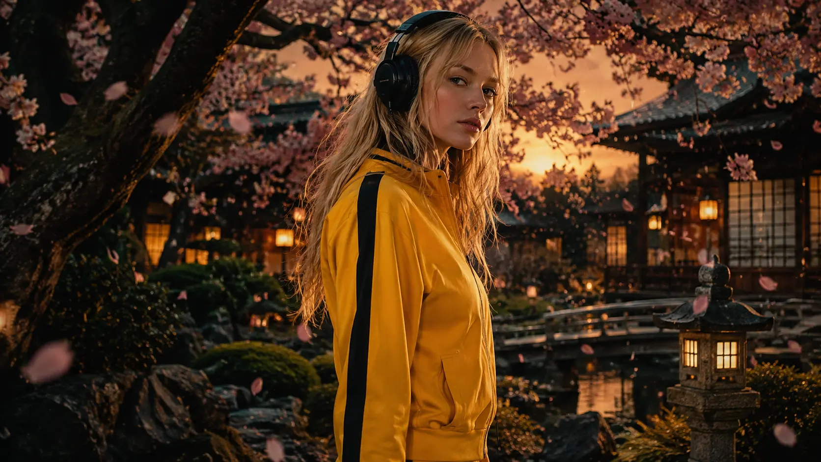 Jeune femme blonde en tracksuit jaune avec casque audio écoutant la bande originale de Kill Bill: The Whole Bloody Affair (2004) dans un jardin japonais aux cerisiers en fleurs au crépuscule.