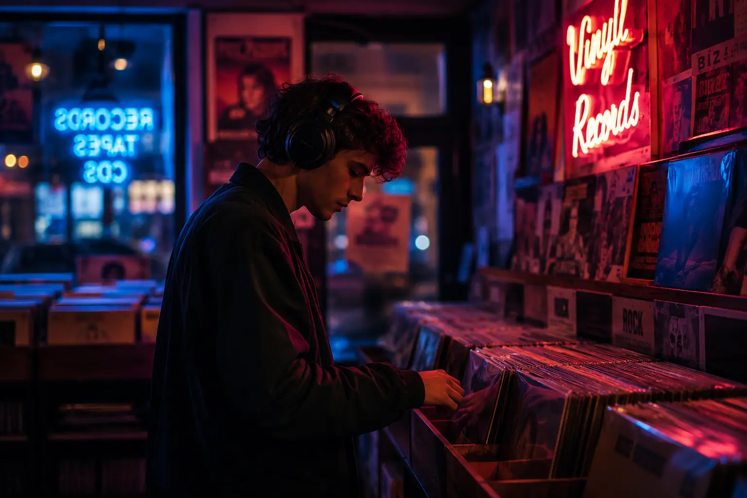 Jeune homme avec casque audio écoutant la bande originale de Leviticus (2026) dans une boutique de vinyles le soir.