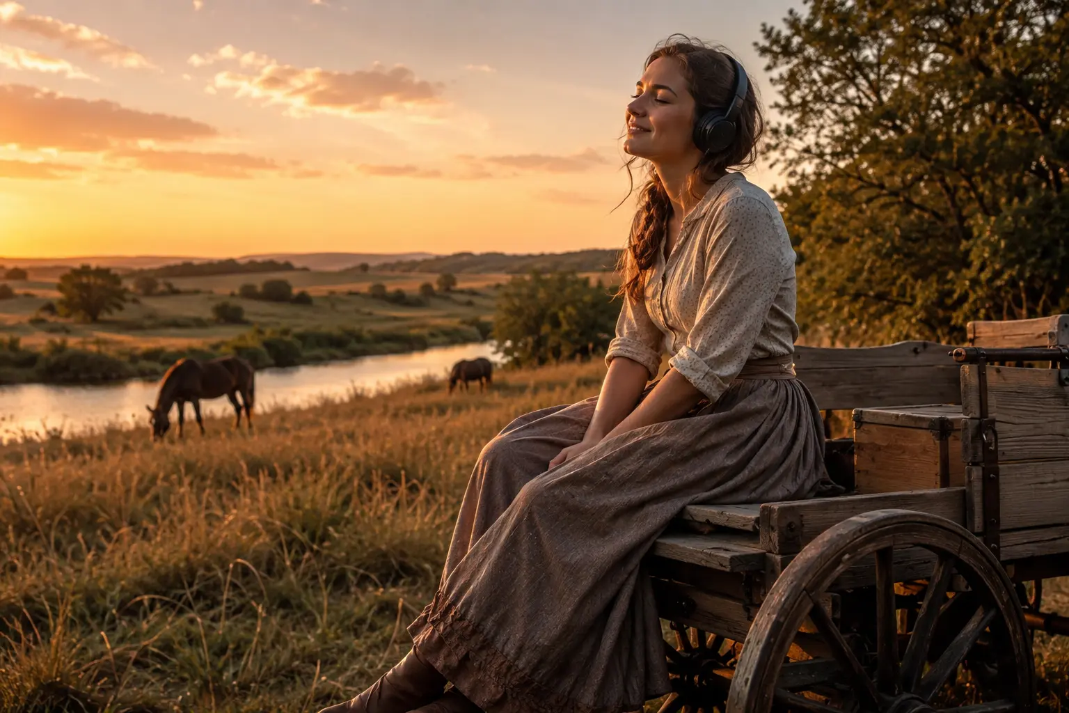 Jeune femme avec casque audio écoutant la bande originale de Little House on the Prairie (La Petite Maison dans la prairie) Saison 1 (Netflix 2026) assise sur un chariot près d’une rivière dans la prairie au golden hour.