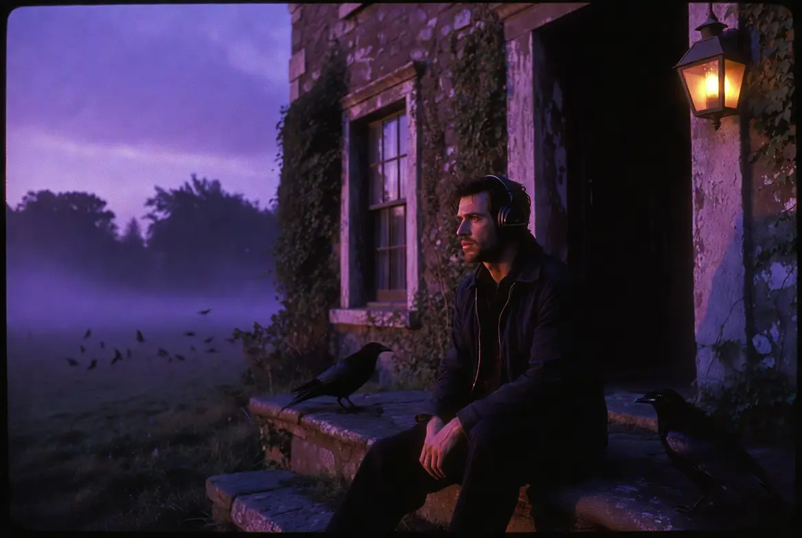 Homme pensif avec casque audio écoutant la bande originale de The Thing with Feathers (L’Ombre du corbeau) (2025) assis sur les marches d’une vieille maison de campagne anglaise au crépuscule.