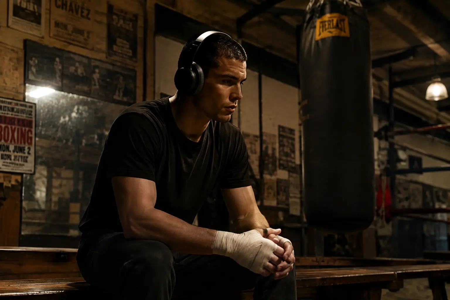 Jeune homme en t-shirt noir avec casque audio écoutant la bande originale de I Play Rocky (2026) assis sur un banc en bois dans une ancienne salle de boxe.