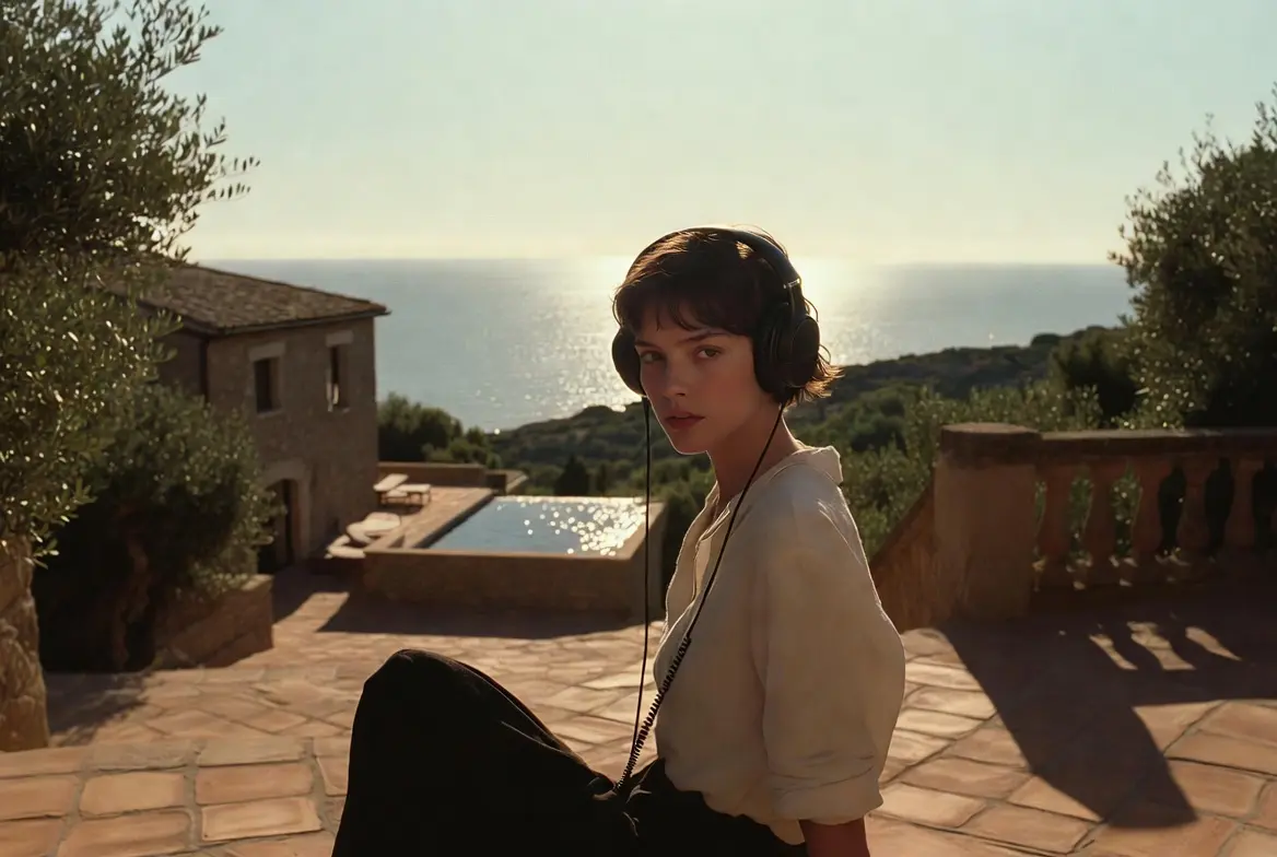 Jeune femme élégante aux cheveux courts avec casque audio écoutant la bande originale de Influencers (2025) sur la terrasse d’un hôtel boutique de luxe face à la Méditerranée.