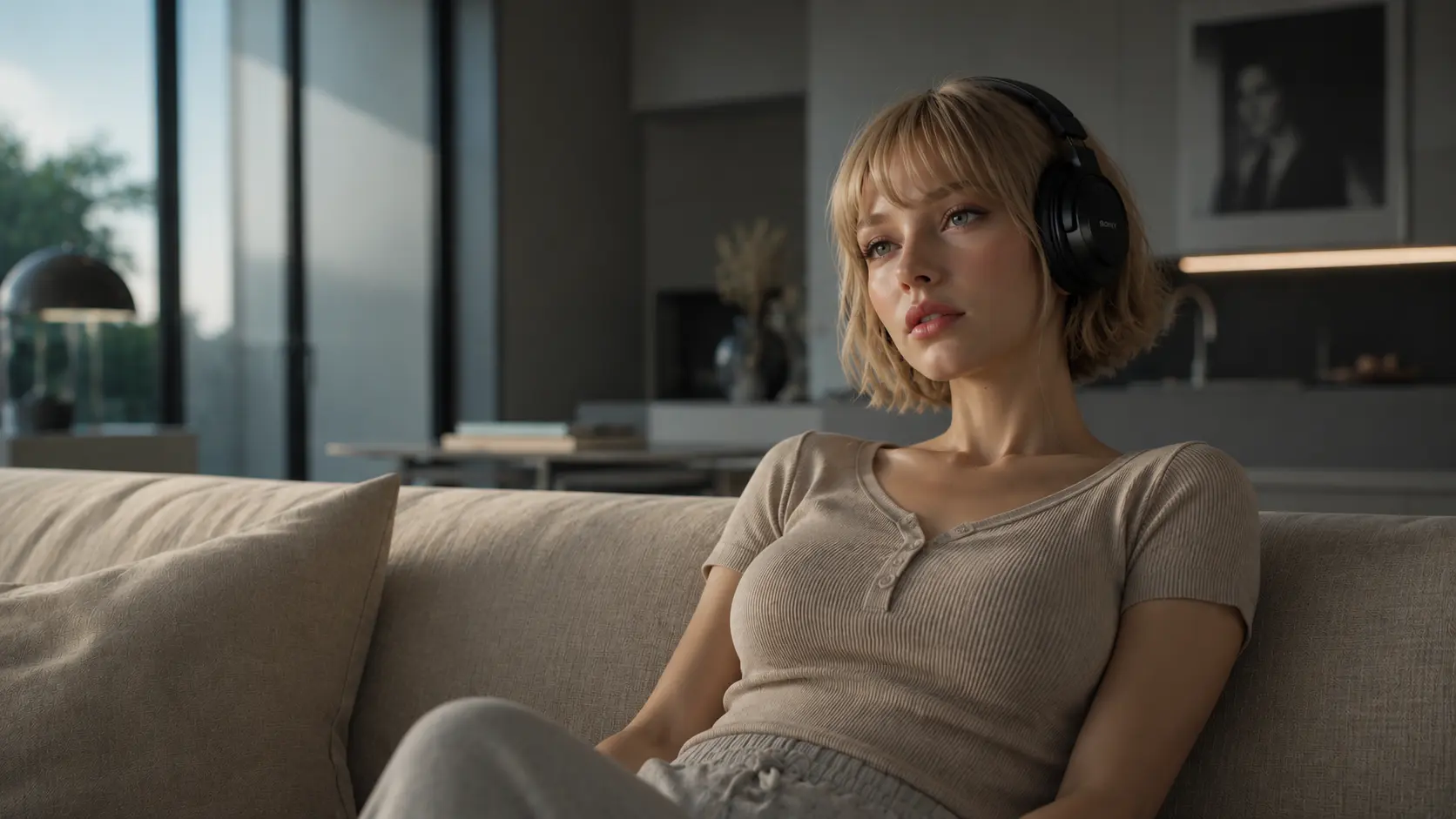 Androïde blonde avec casque audio écoutant la bande originale de Soulm8te (2026) assise sur un canapé moderne dans un appartement minimaliste.