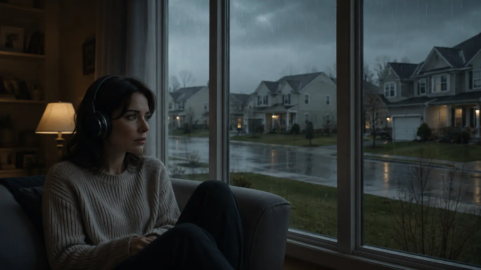 Femme en pull confortable avec casque audio écoutant la bande originale de The Last House (Le Dernier Refuge) (Netflix 2026) assise près d’une grande fenêtre dans un salon de banlieue américaine sous la pluie.
