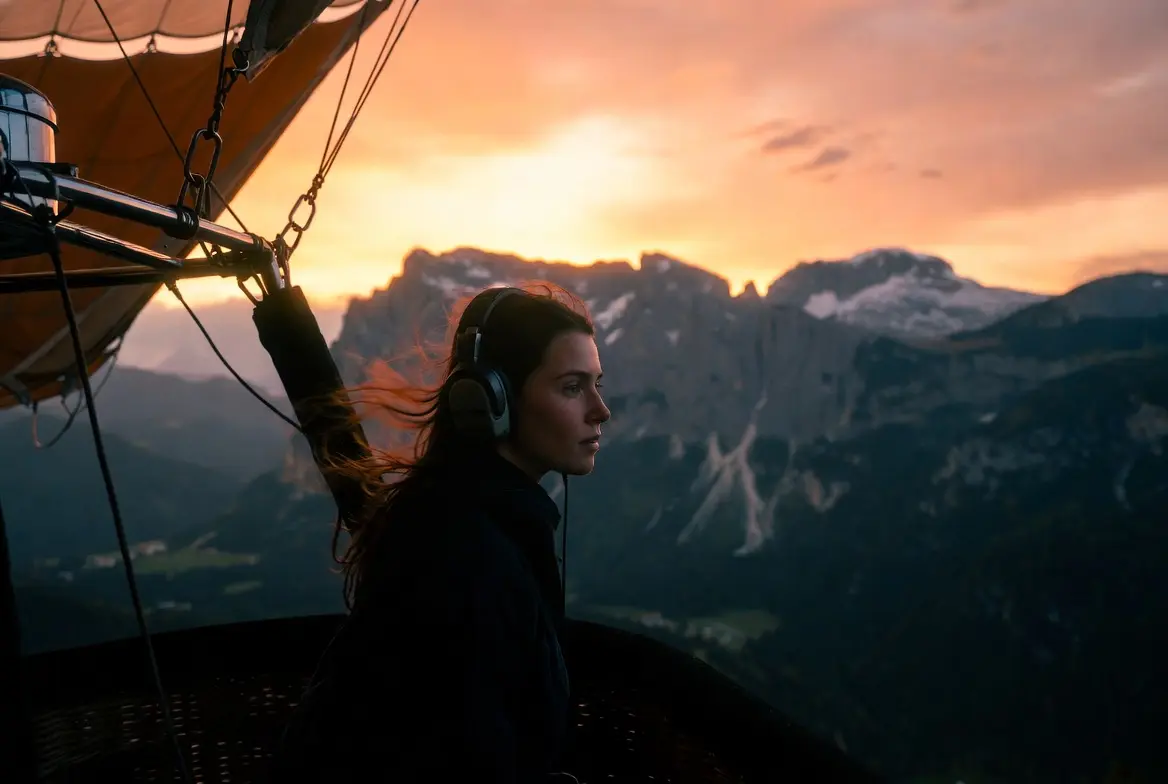 Jeune femme avec casque audio écoutant la bande originale de Turbulence (2025) debout dans la nacelle d’une montgolfière face aux Dolomites au coucher du soleil.
