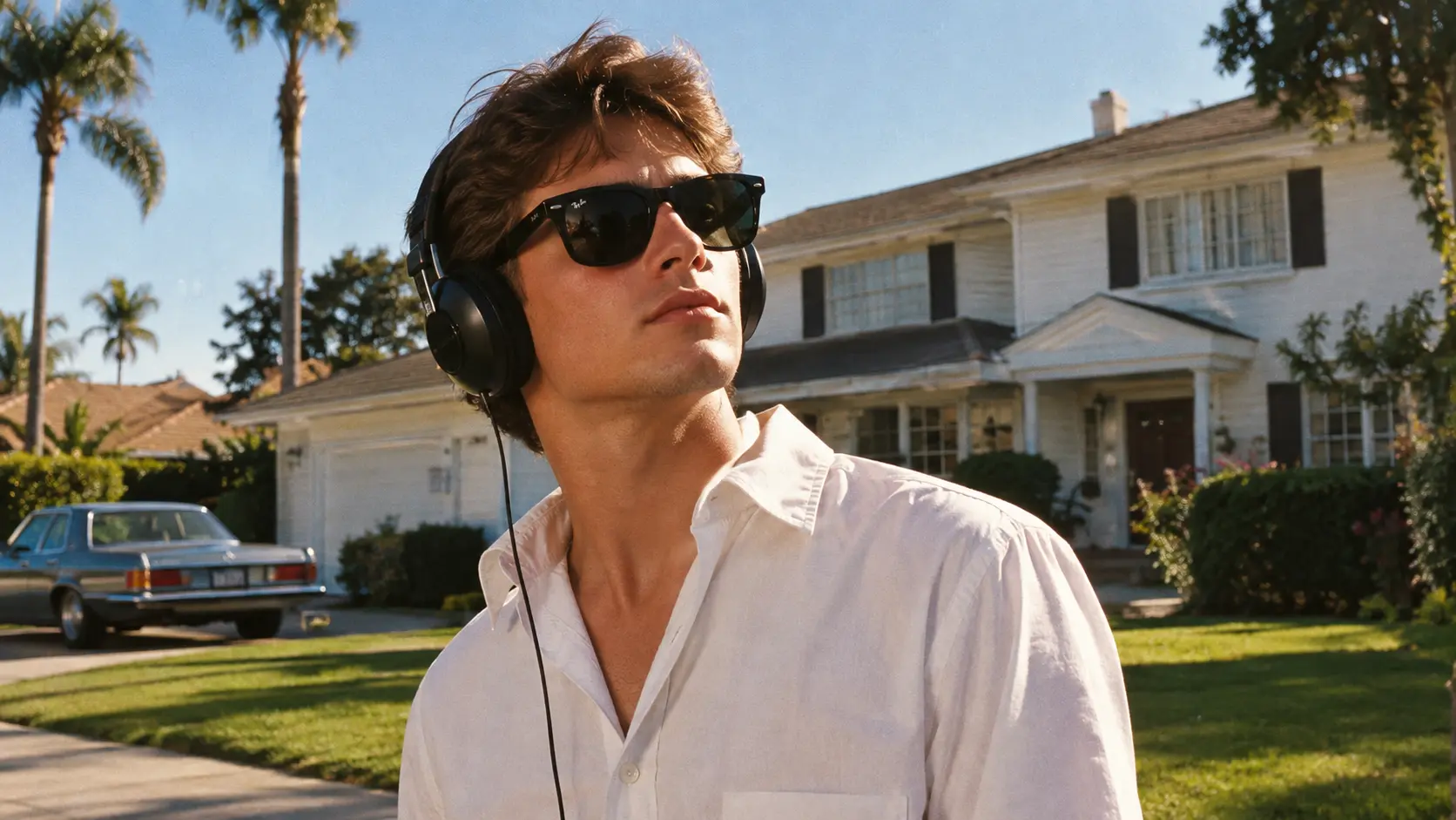 Jeune homme avec lunettes de soleil Wayfarer et casque audio devant une maison américaine, ambiance musique du film Risky Business (1983)