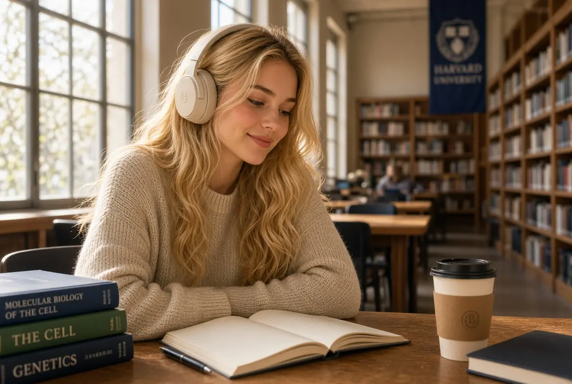 Femme blonde écoutant la musique du film The Love Hypothesis (2026) avec un casque audio dans une bibliothèque.