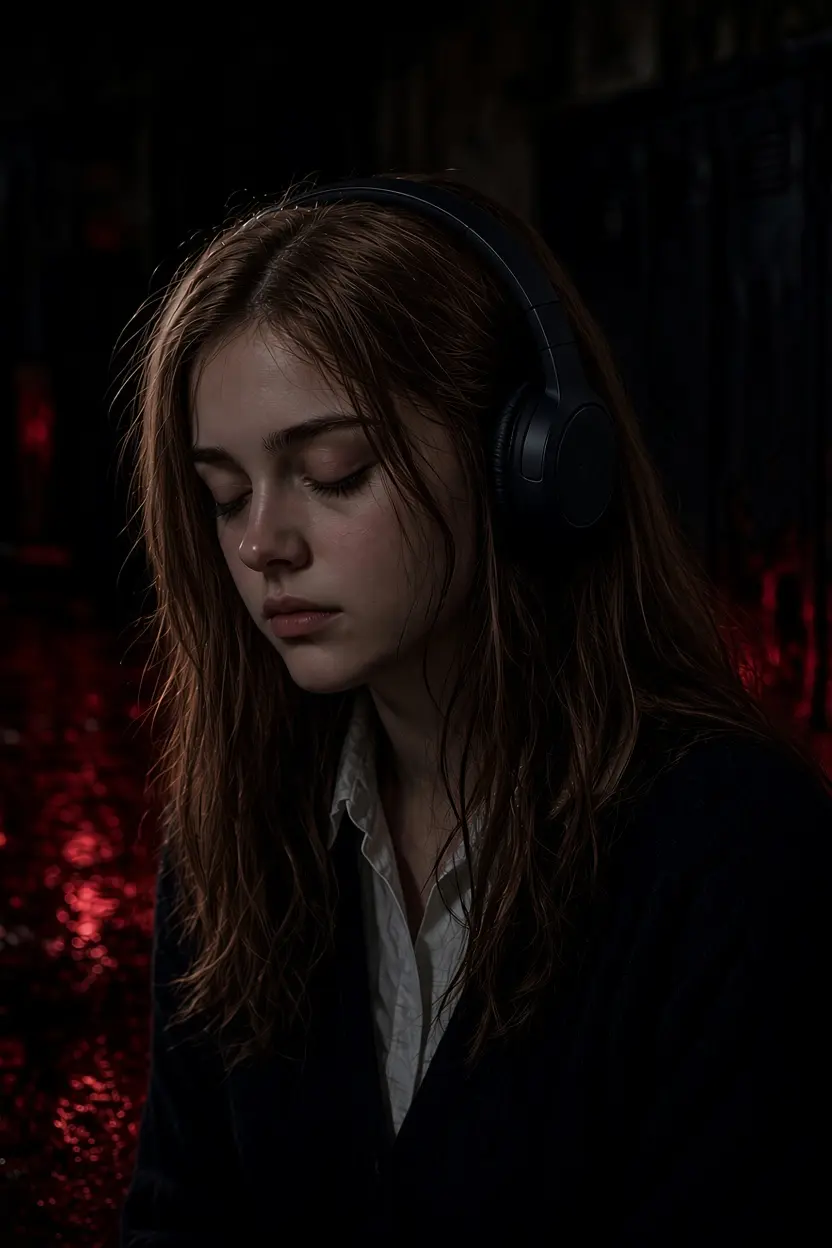 Une jeune femme écoute la musique et la bande originale de la série Carrie Saison 1 (2026) avec un casque audio.
